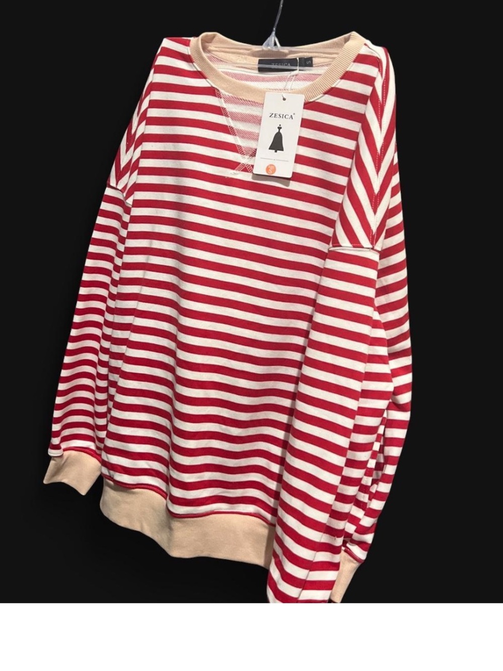 ZESICA Red & Cream Striped Crewneck Sweater